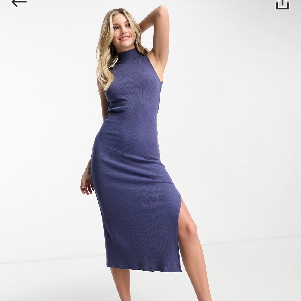 Ribbed high neck blue dress asos